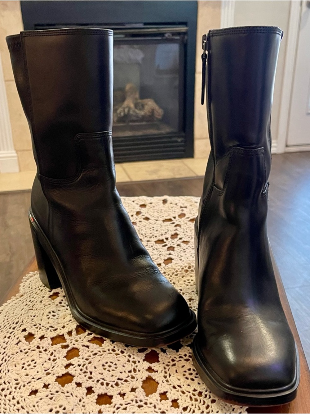 Franco Sarto Black Leather Mid-Calf Block Heel Boots